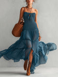 Abito maxi in chiffon blu senza spalline, elasticizzato e arricciato