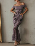 Abito bodycon in rete leopardato viola off-the-shoulder