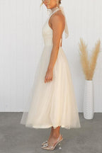 Abito Maxi Halter in Tulle con Dettagli Arricciati