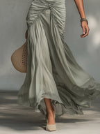 Abito Maxi in Tessuto Stretch Grigio e Chiffon