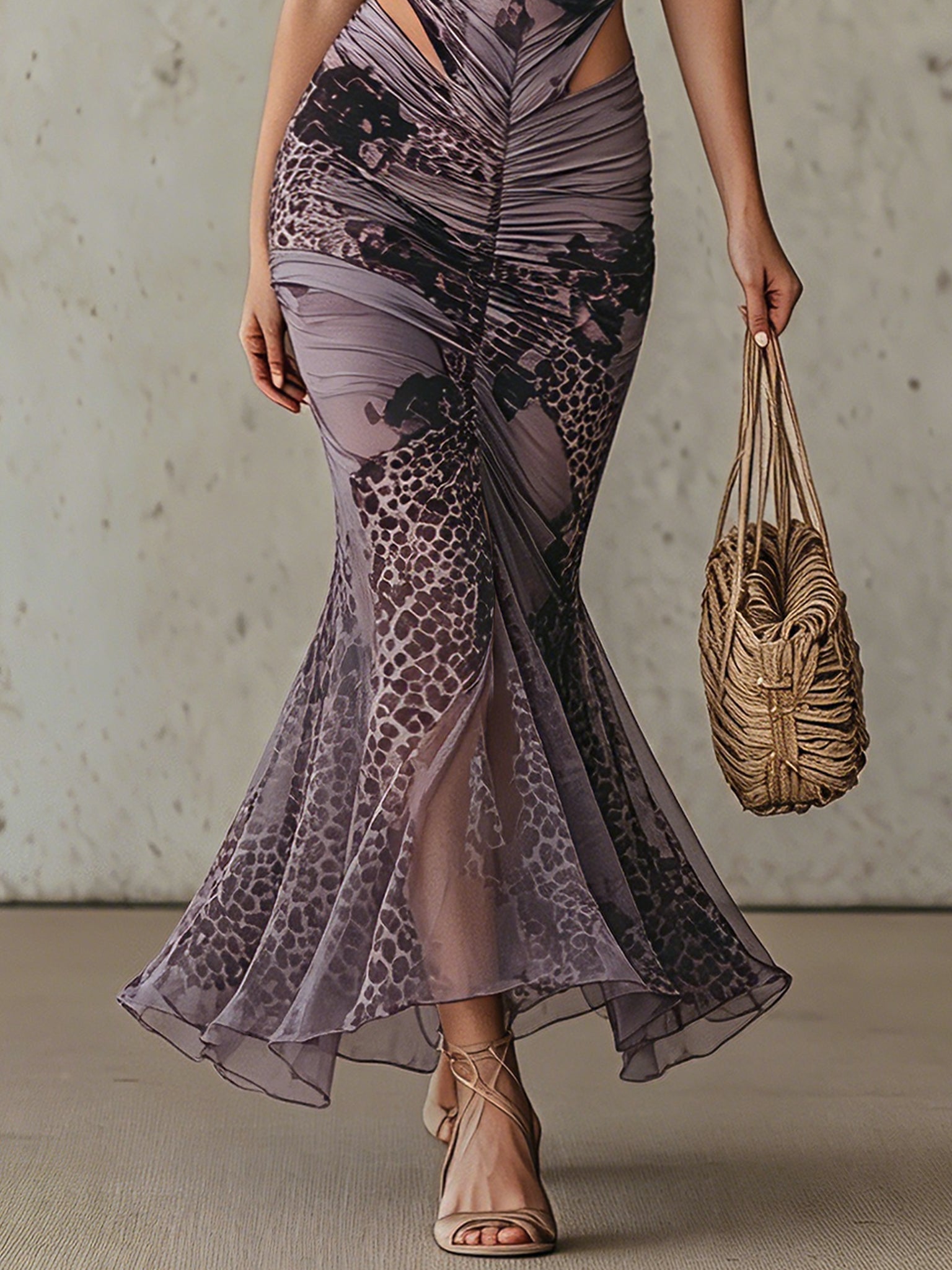 Abito bodycon in rete leopardato viola off-the-shoulder