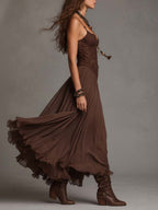 Federica | Abito Maxi in Chiffon e Pizzo Marrone