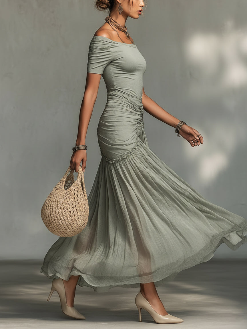 Abito Maxi in Tessuto Stretch Grigio e Chiffon