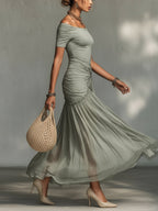 Abito Maxi in Tessuto Stretch Grigio e Chiffon