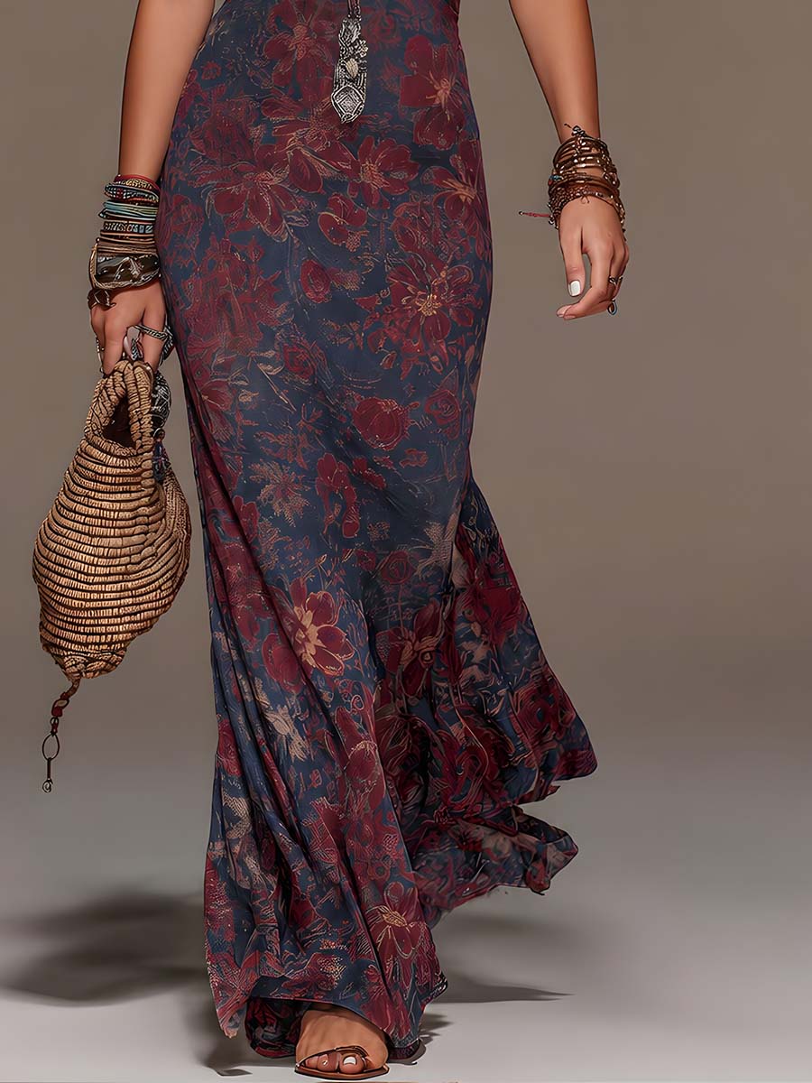 Abito Maxi Fishtail in Pizzo Retro con Scollo All'Americana