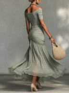 Abito Maxi in Tessuto Stretch Grigio e Chiffon