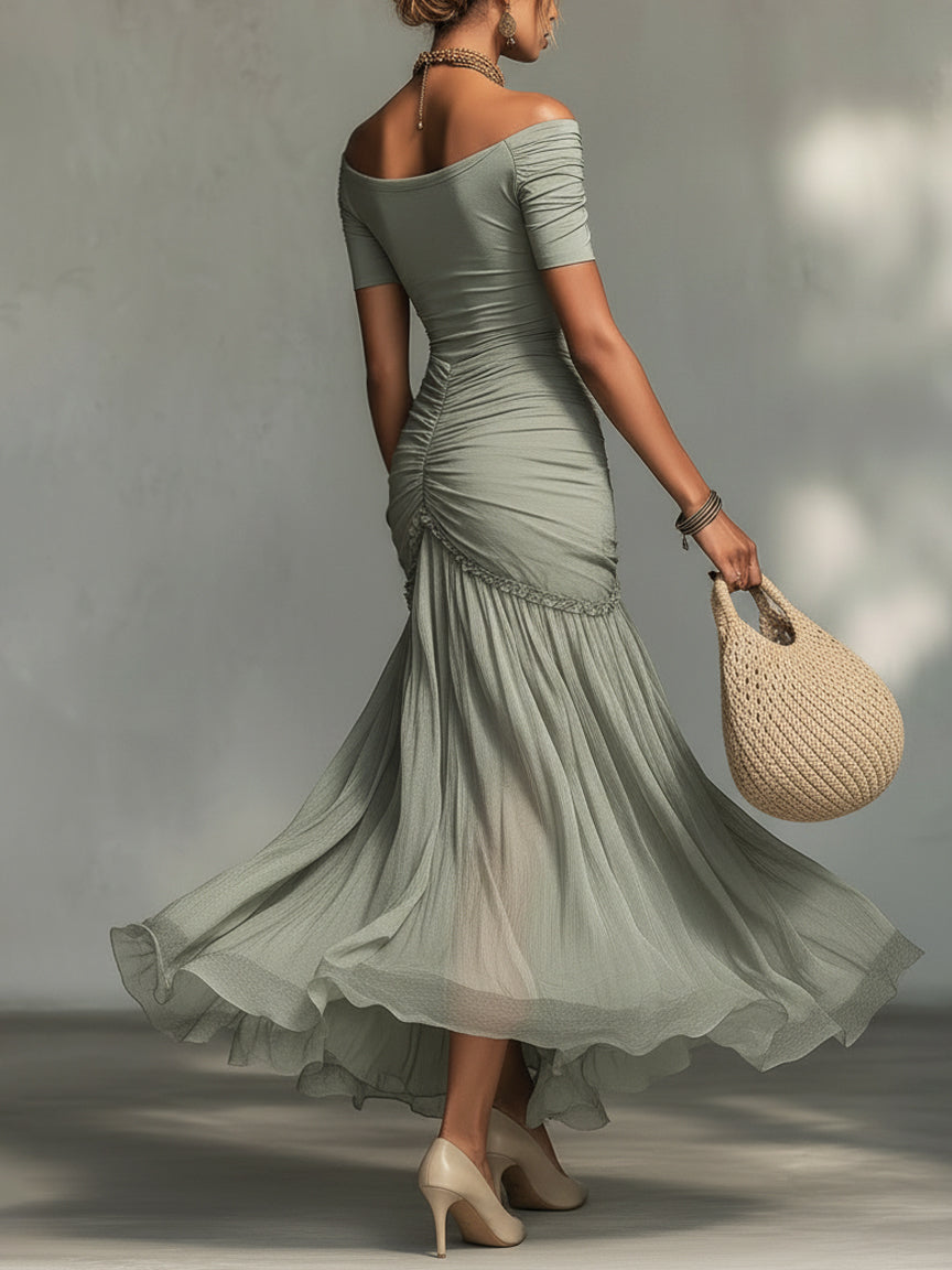 Abito Maxi in Tessuto Stretch Grigio e Chiffon