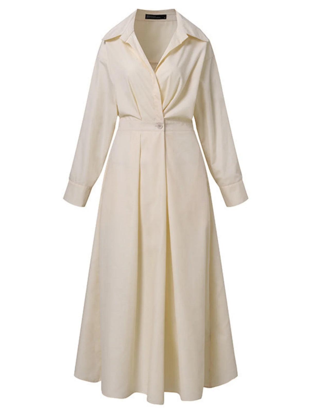 Abito Midi Elegante con Colletto a Revers e Bottoni