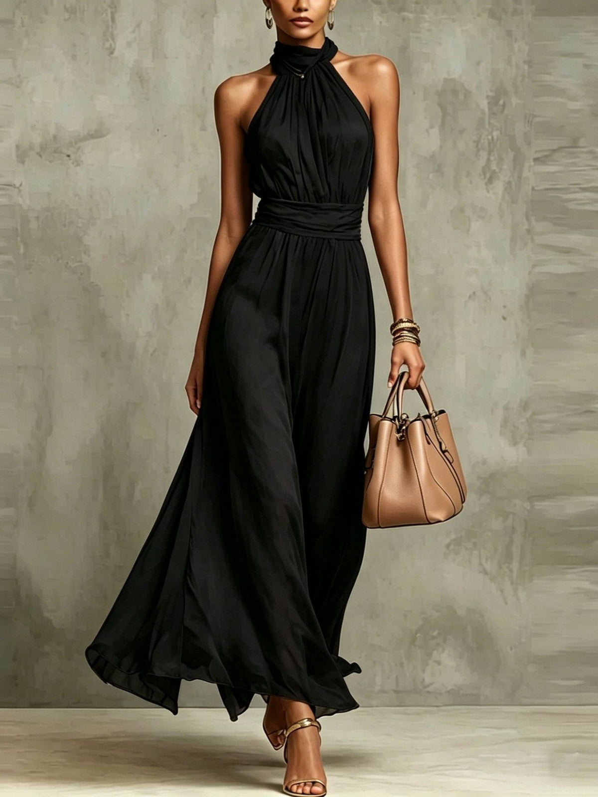 Abito Maxi Halter in Chiffon Monocromatico