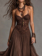 Federica | Abito Maxi in Chiffon e Pizzo Marrone