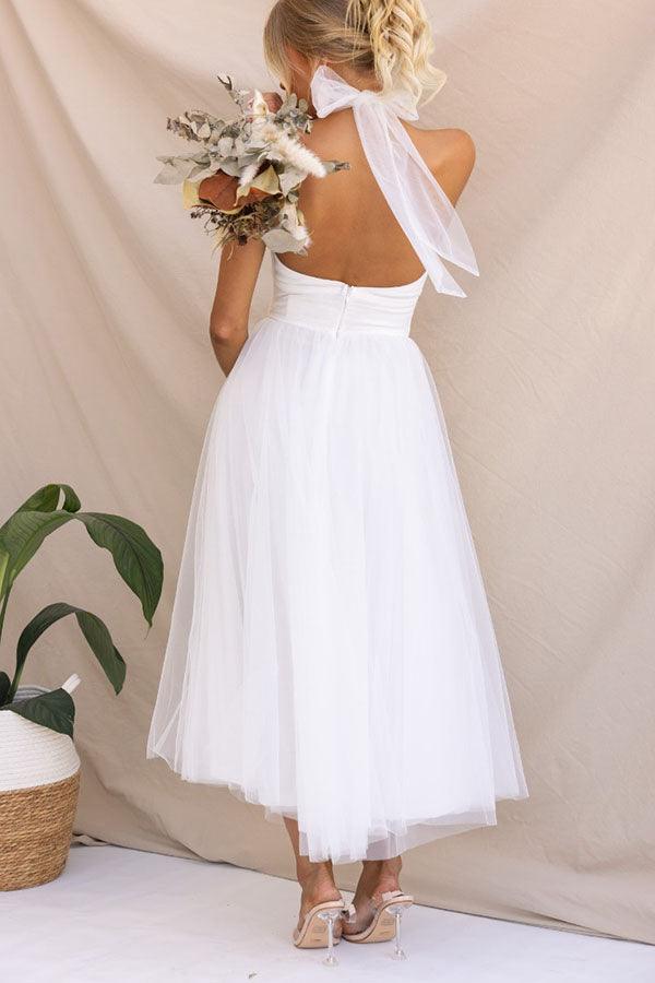 Abito Maxi Halter in Tulle con Dettagli Arricciati