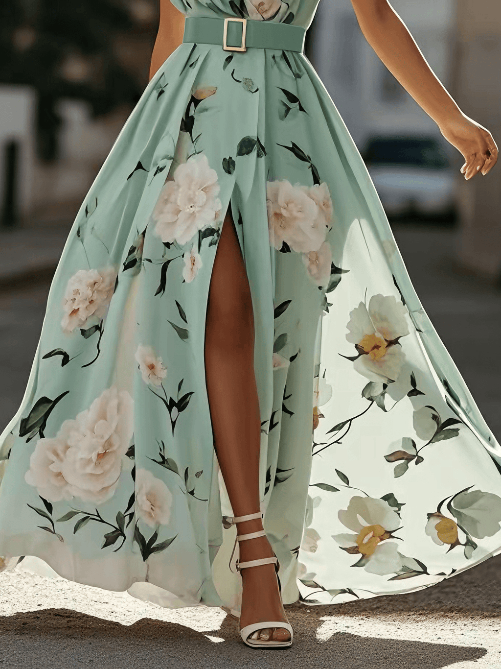 Abito Maxi Chiffon Verde Chiaro a Fiori con Rouches a Spalla Unica