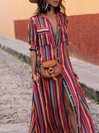 Gonna Maxi con Camicia Stampata a Strisce Casual