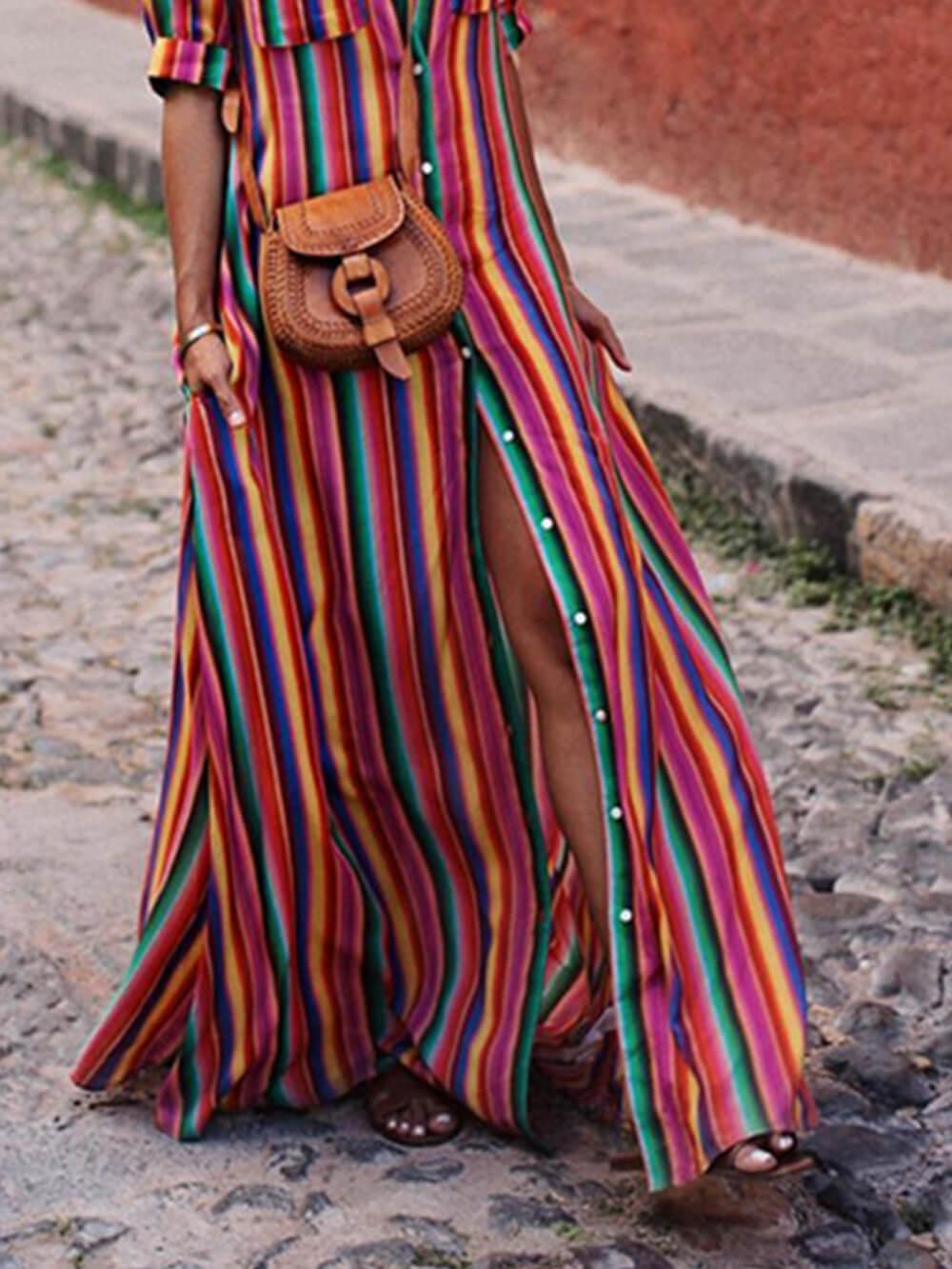 Gonna Maxi con Camicia Stampata a Strisce Casual