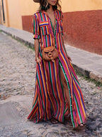 Gonna Maxi con Camicia Stampata a Strisce Casual