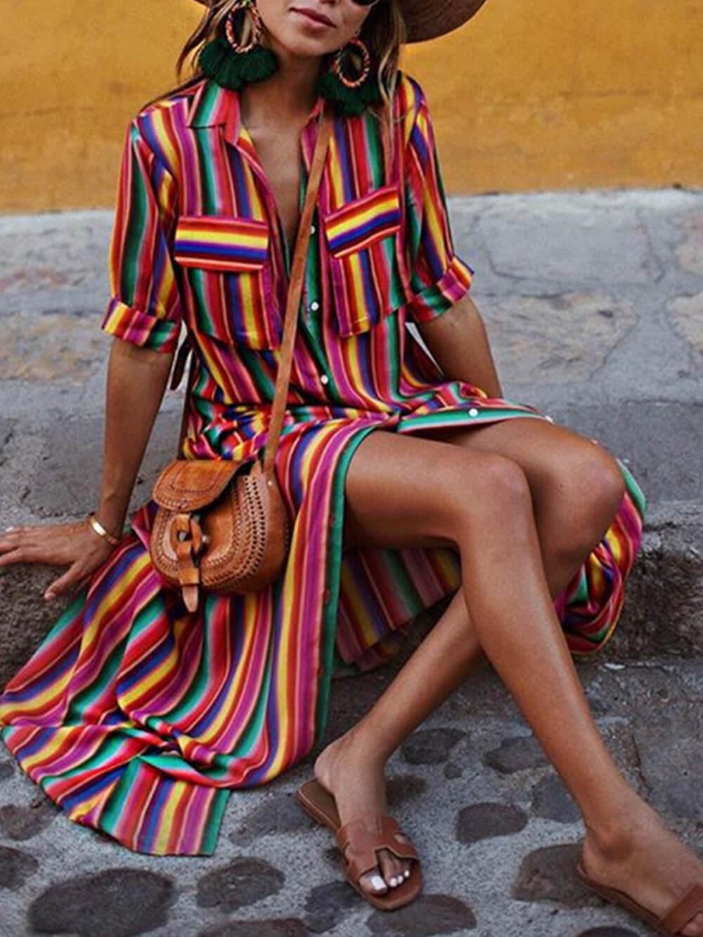 Gonna Maxi con Camicia Stampata a Strisce Casual
