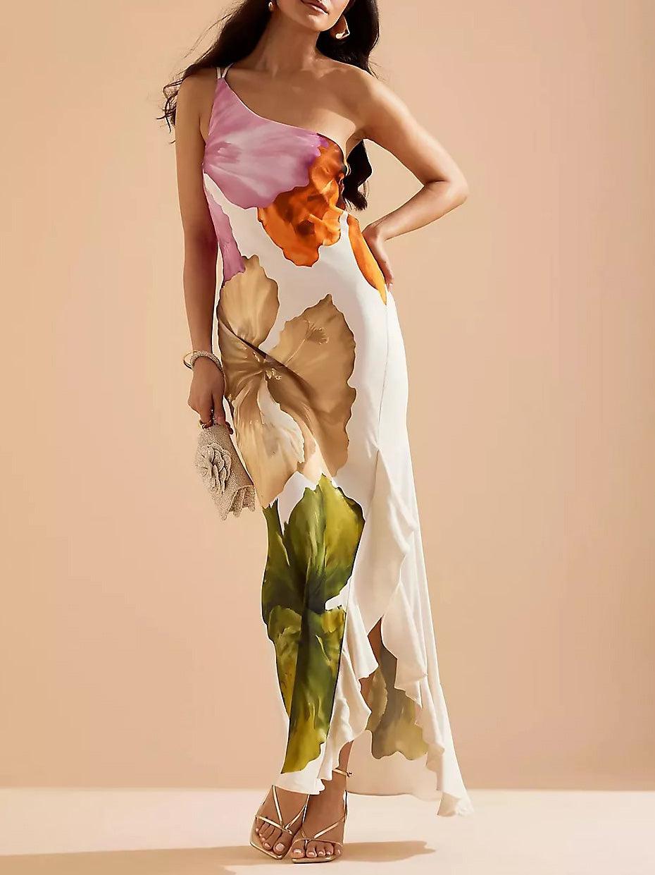 Elegante Maxi Dress One-shoulder con Stampa Floreale