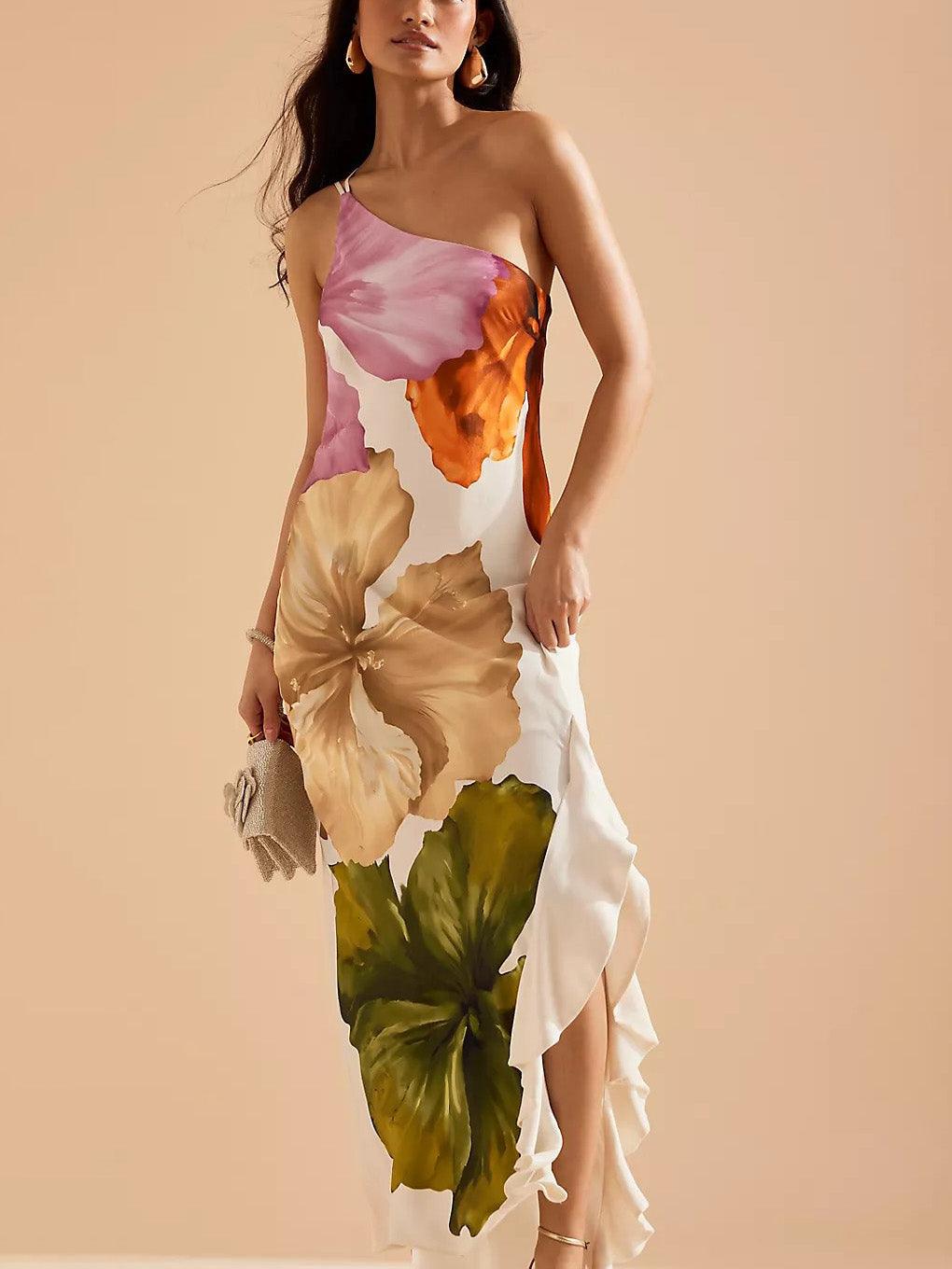 Elegante Maxi Dress One-shoulder con Stampa Floreale