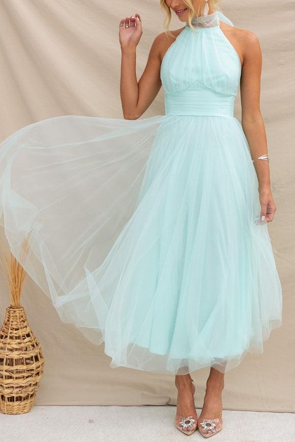 Abito Maxi Halter in Tulle con Dettagli Arricciati