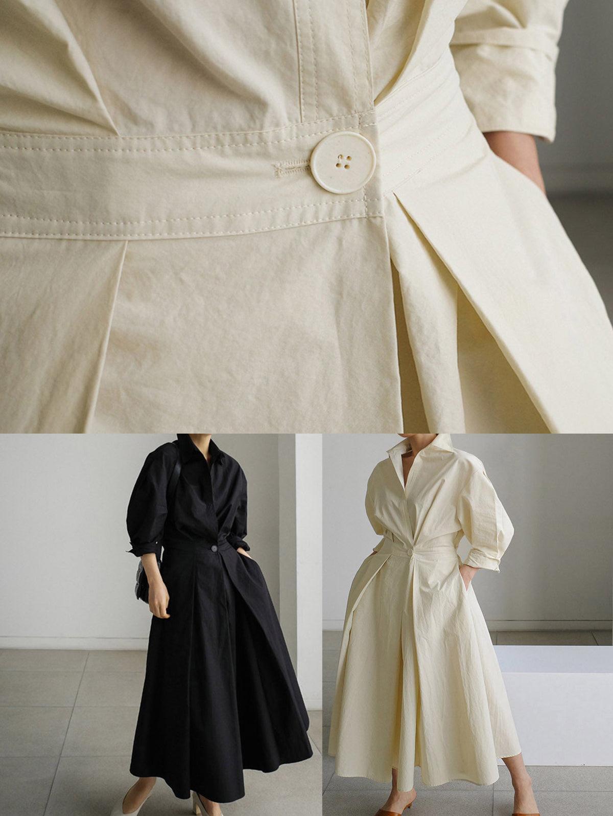 Abito Midi Elegante con Colletto a Revers e Bottoni