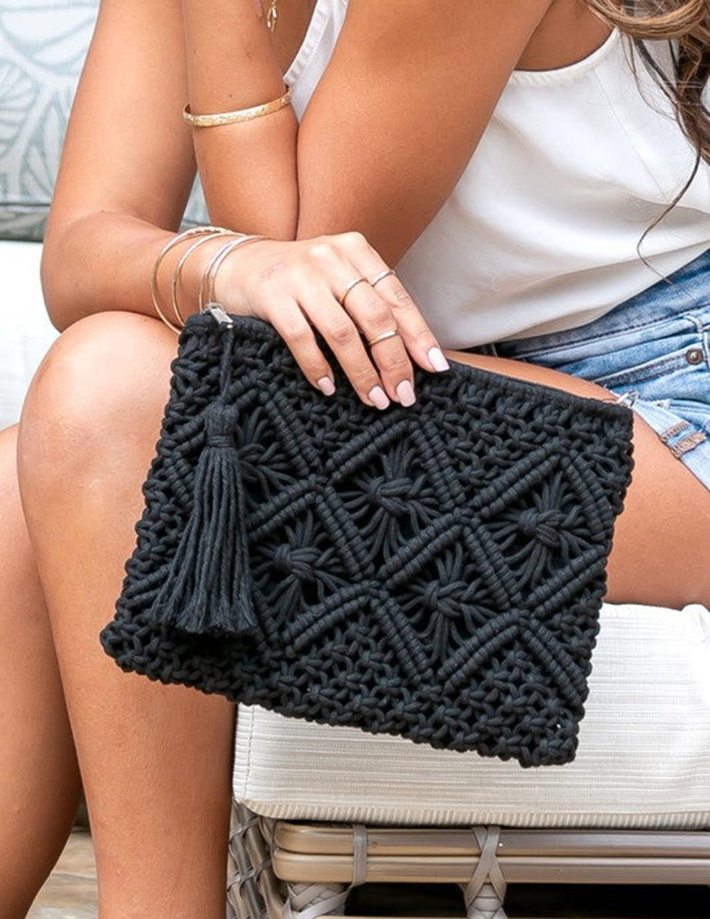 Clutch con Frange in Macramè a Motivo Diamante