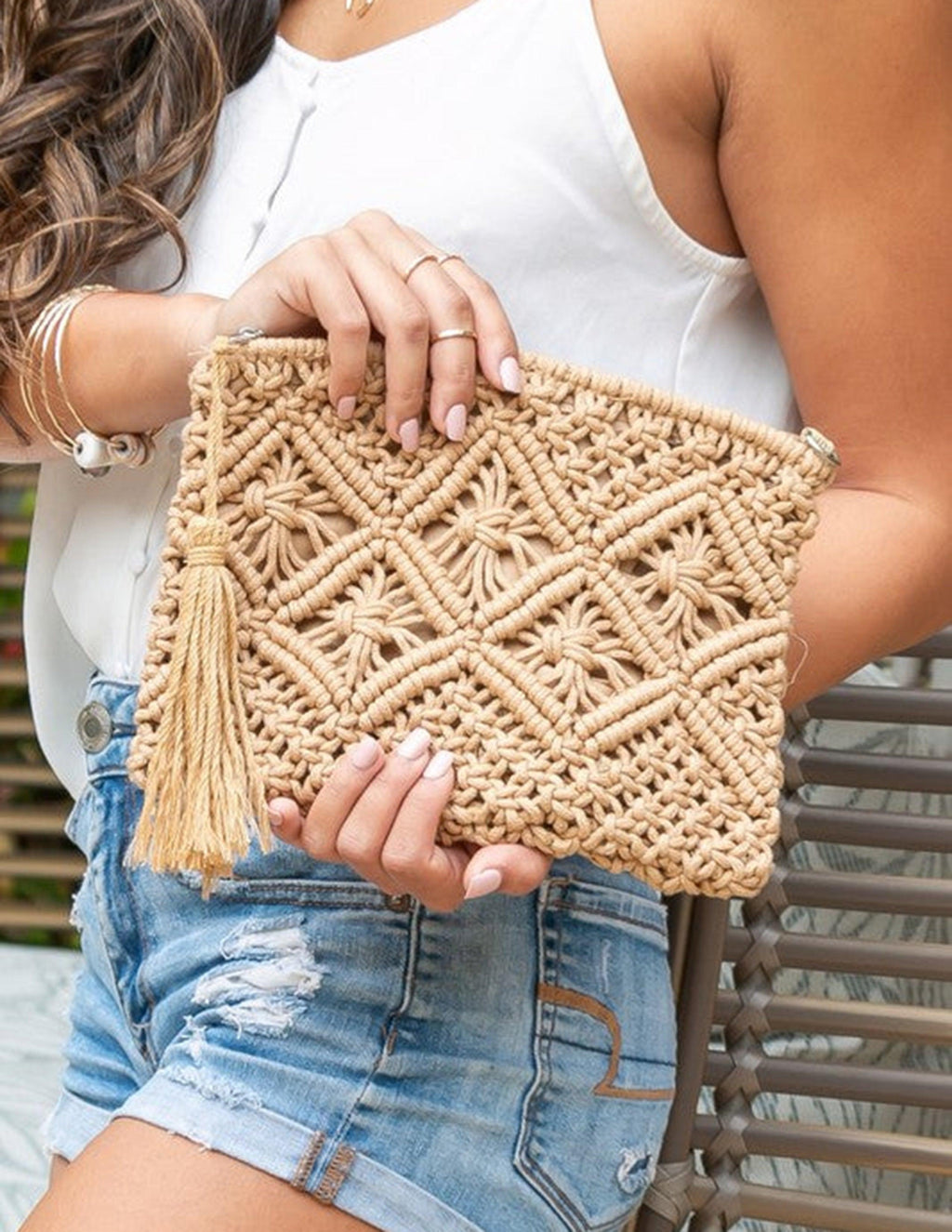 Clutch con Frange in Macramè a Motivo Diamante
