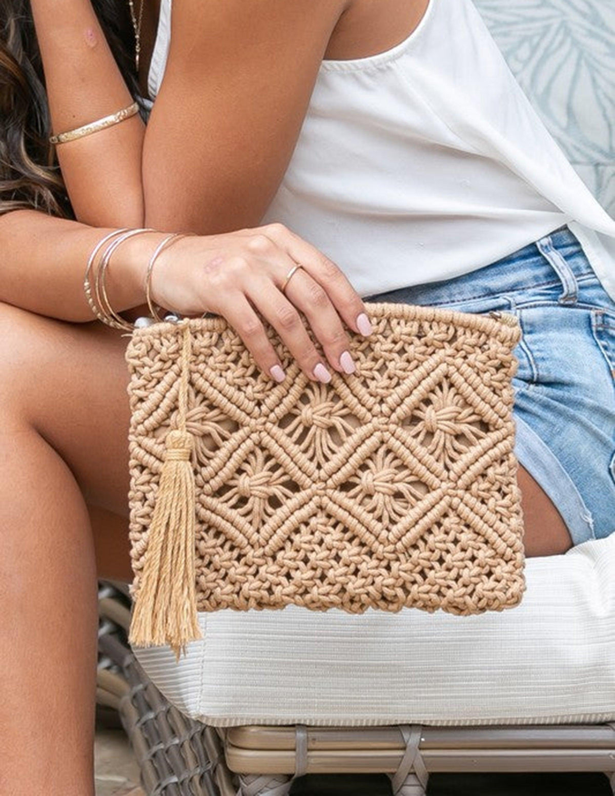 Clutch con Frange in Macramè a Motivo Diamante
