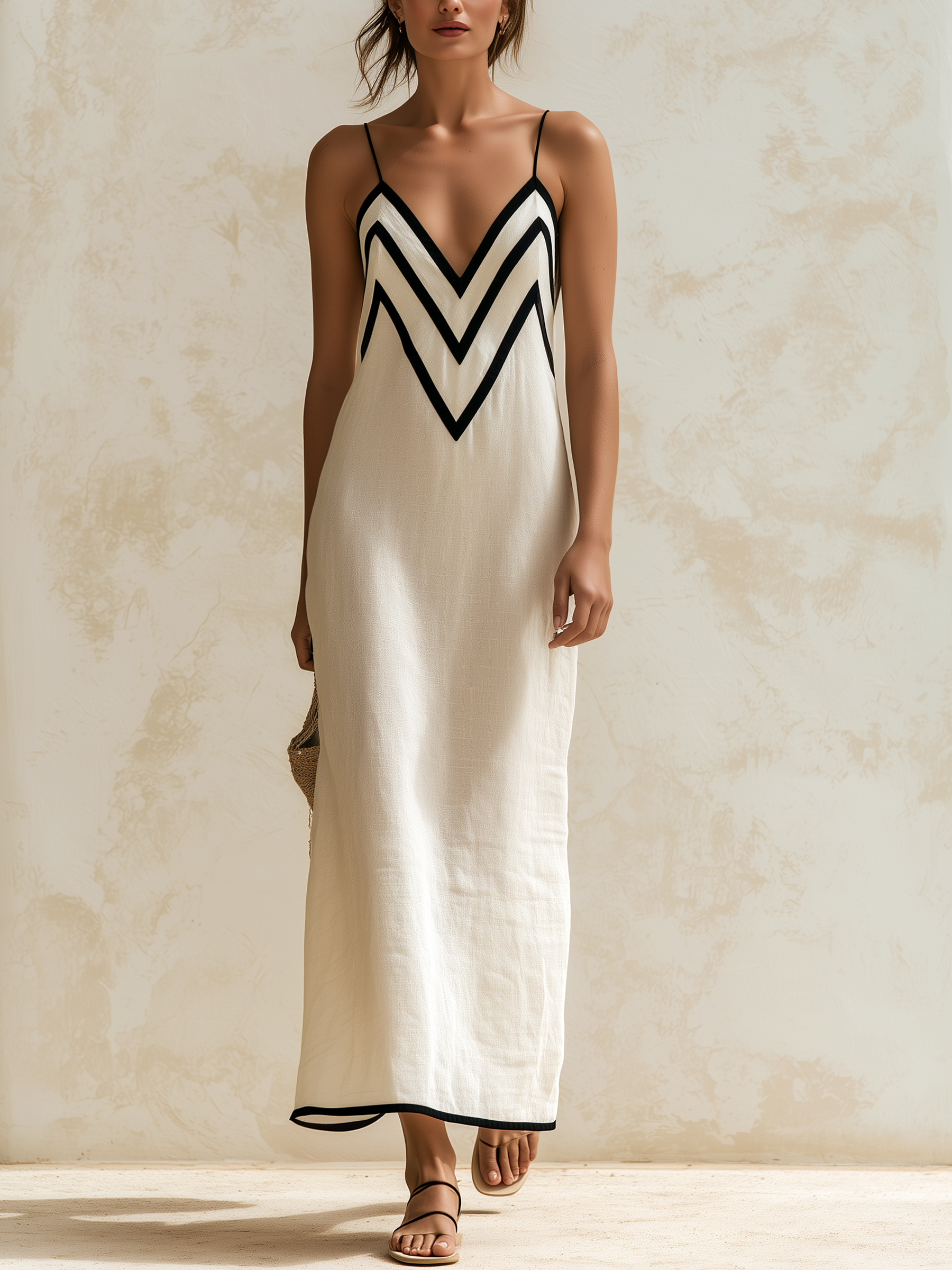 Alessandrini | Vestito lungo stile slip con bordi a contrasto con motivo a zigzag