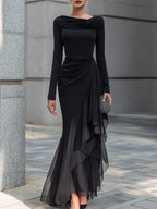 Abito Maxi Merletto Nero con Spalle Scoperte e Collo a Cowl con Maniche Lunghe