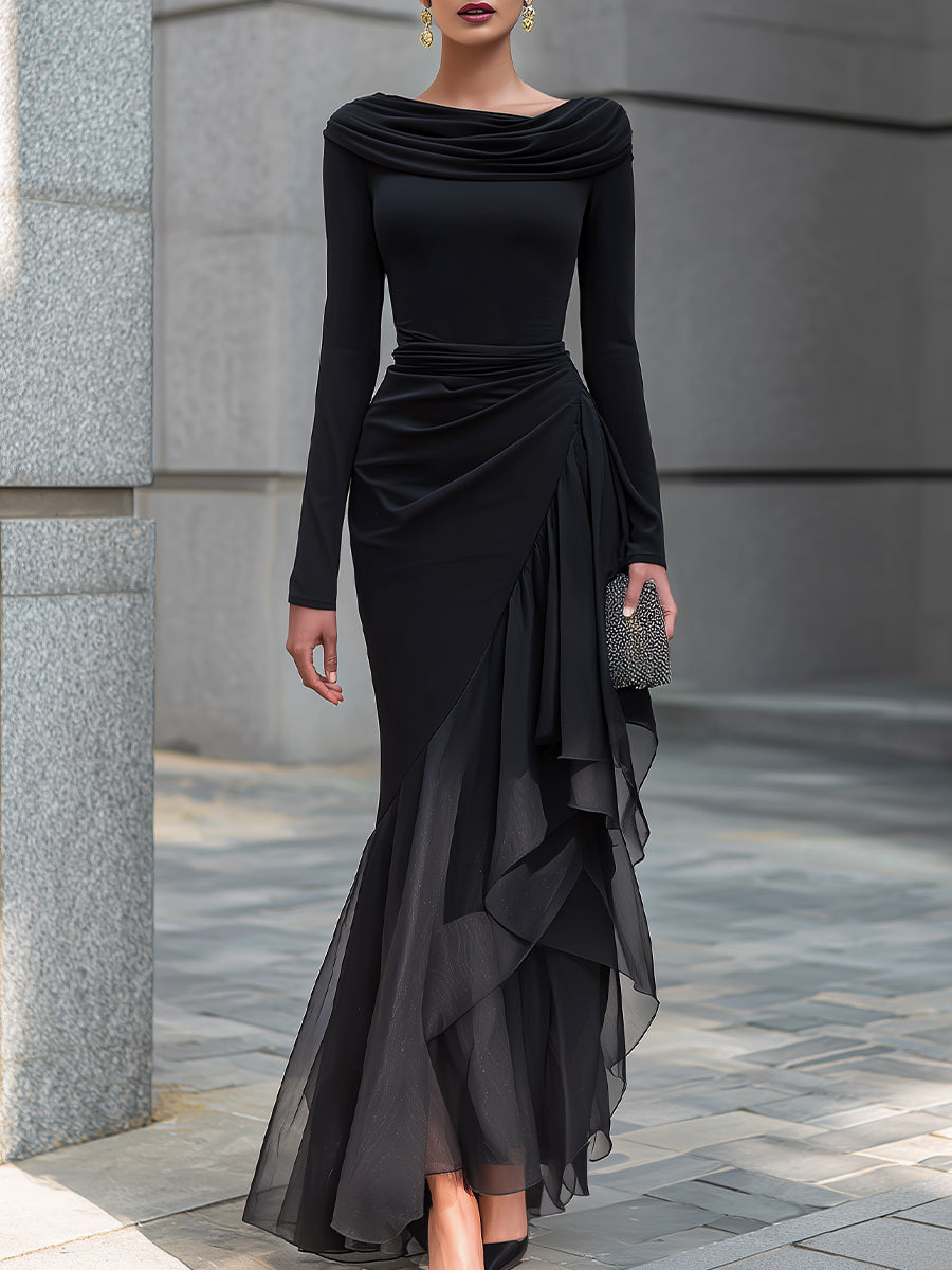 Abito Maxi Merletto Nero con Spalle Scoperte e Collo a Cowl con Maniche Lunghe