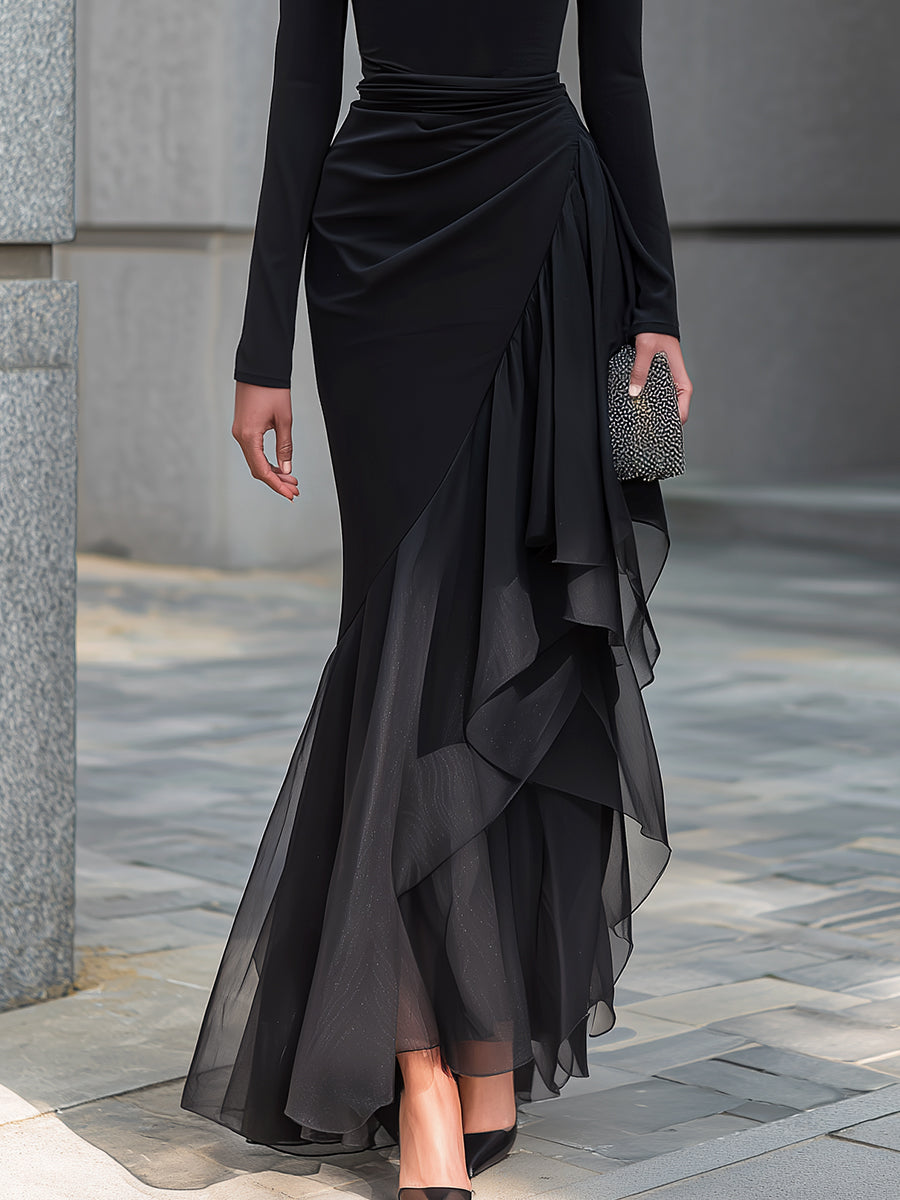 Abito Maxi Merletto Nero con Spalle Scoperte e Collo a Cowl con Maniche Lunghe