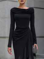 Abito Maxi Merletto Nero con Spalle Scoperte e Collo a Cowl con Maniche Lunghe