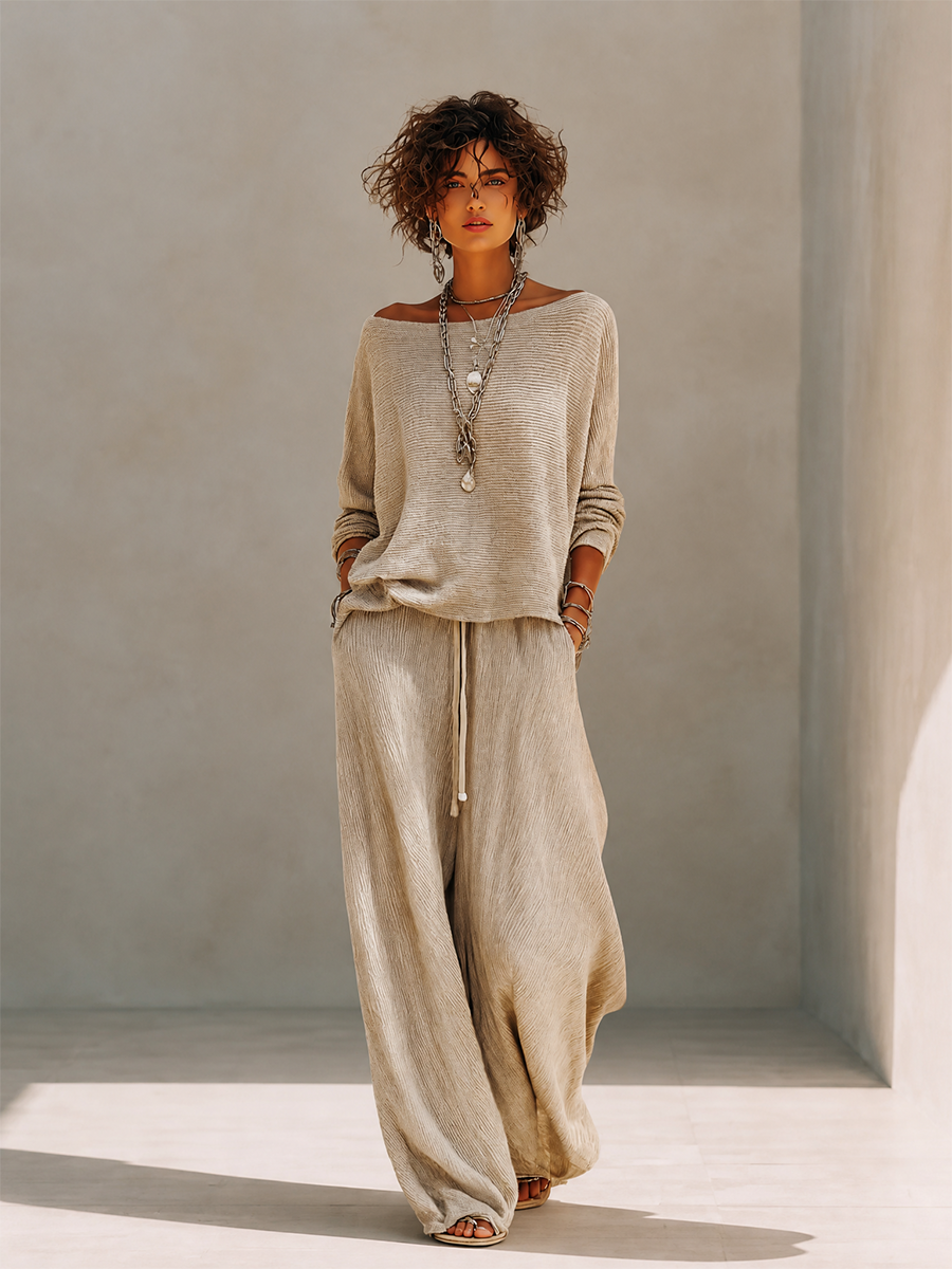 Amelie | Set Pullover Collo Barca e Pantalone Gamba Larga