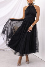 Abito Maxi Halter in Tulle con Dettagli Arricciati