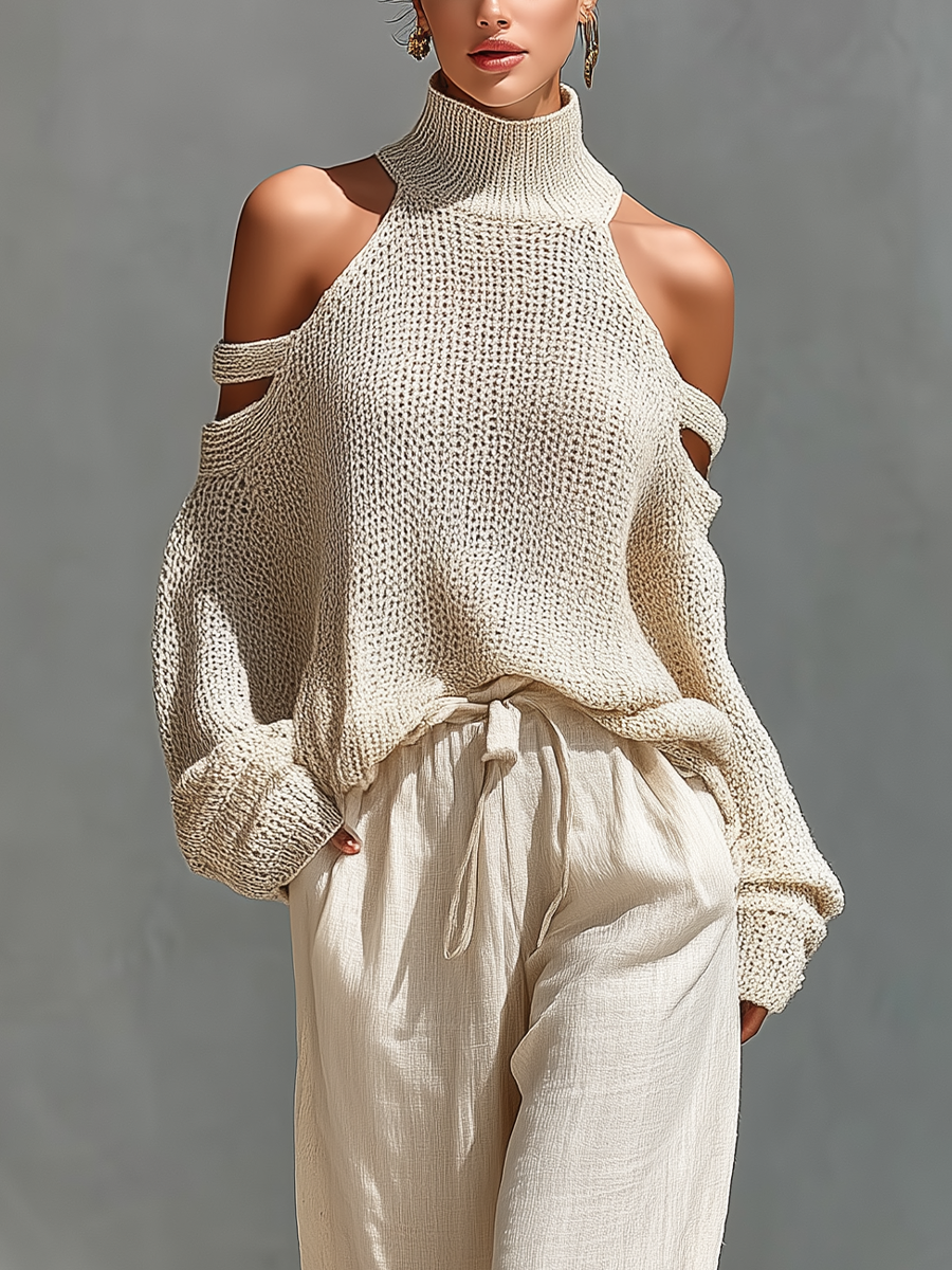 Concetta | Set Collo Alto e Gamba Larga in Maglia Beige