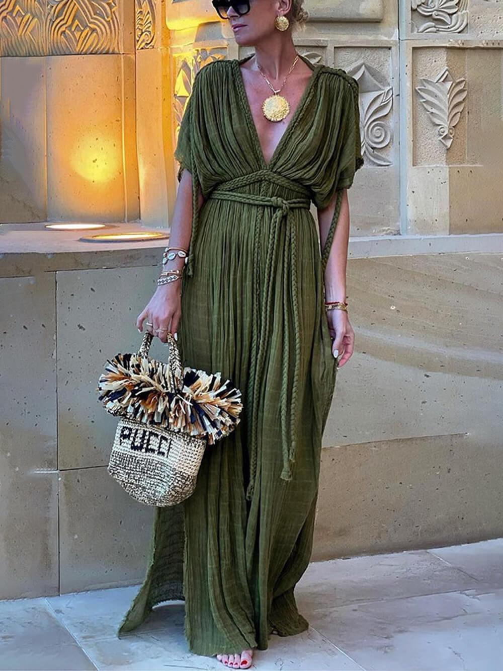Abito Maxi Con Spacco e Kimono Drappeggiato
