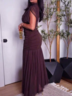 Abito Bodycon in Rete Pieghettata Marrone