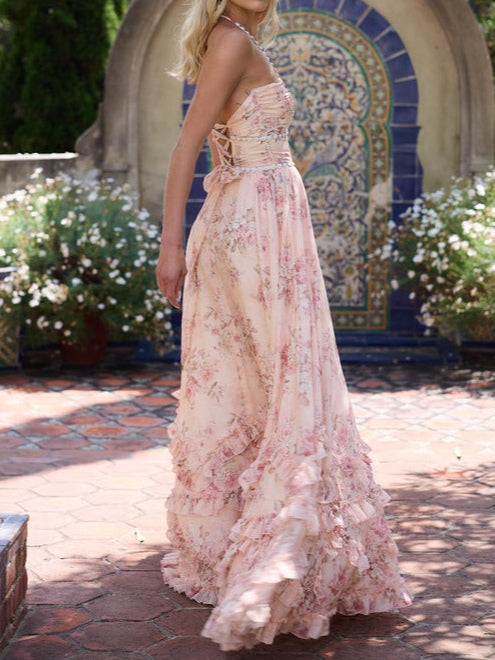Abito Maxi a Spacco con Rouches in Perle Finte Floreali