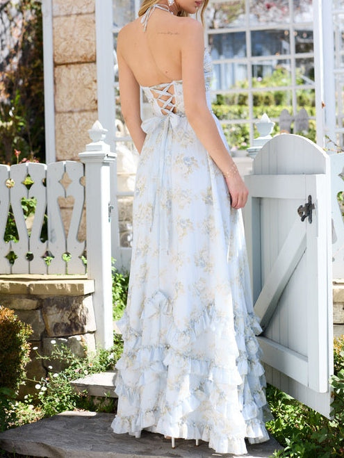 Abito Maxi a Spacco con Rouches in Perle Finte Floreali