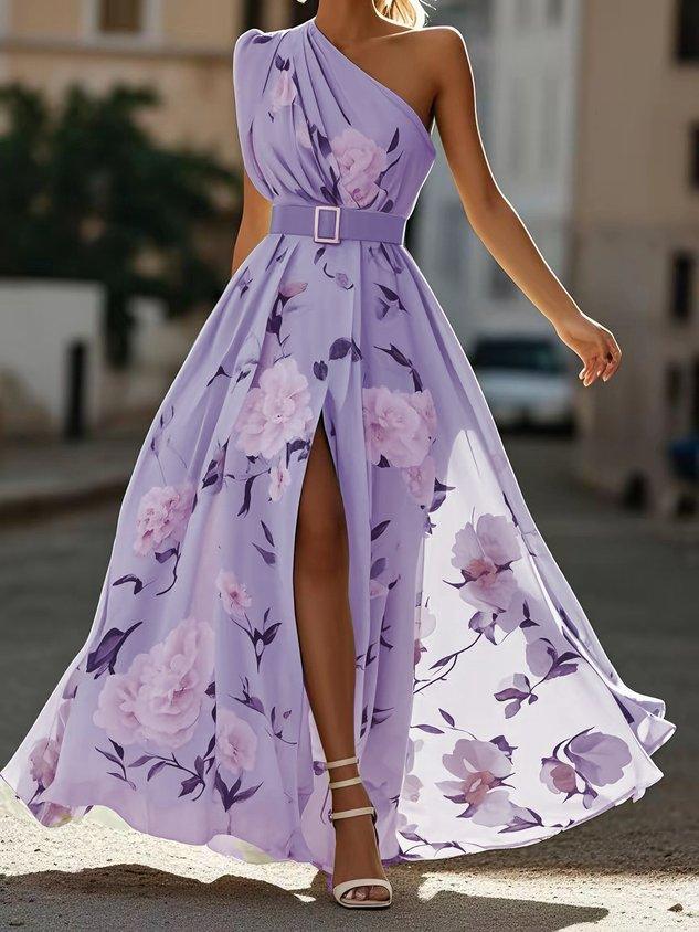Abito Maxi Chiffon Verde Chiaro a Fiori con Rouches a Spalla Unica