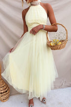 Abito Maxi Halter in Tulle con Dettagli Arricciati