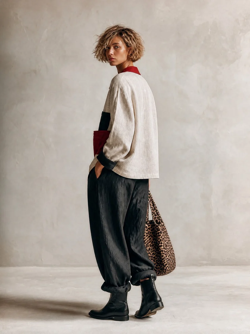 Lidia | Completo Camicia Color Block e Pantaloni Ampi, Nero