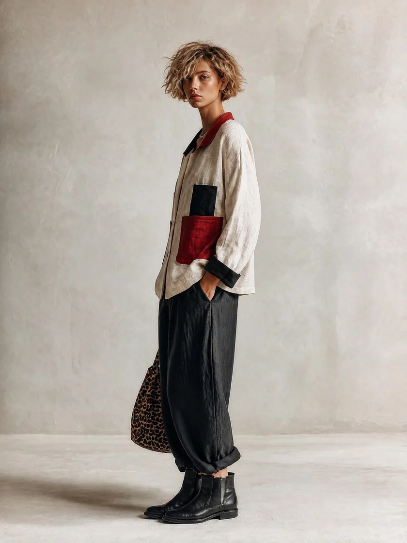 Lidia | Completo Camicia Color Block e Pantaloni Ampi, Nero