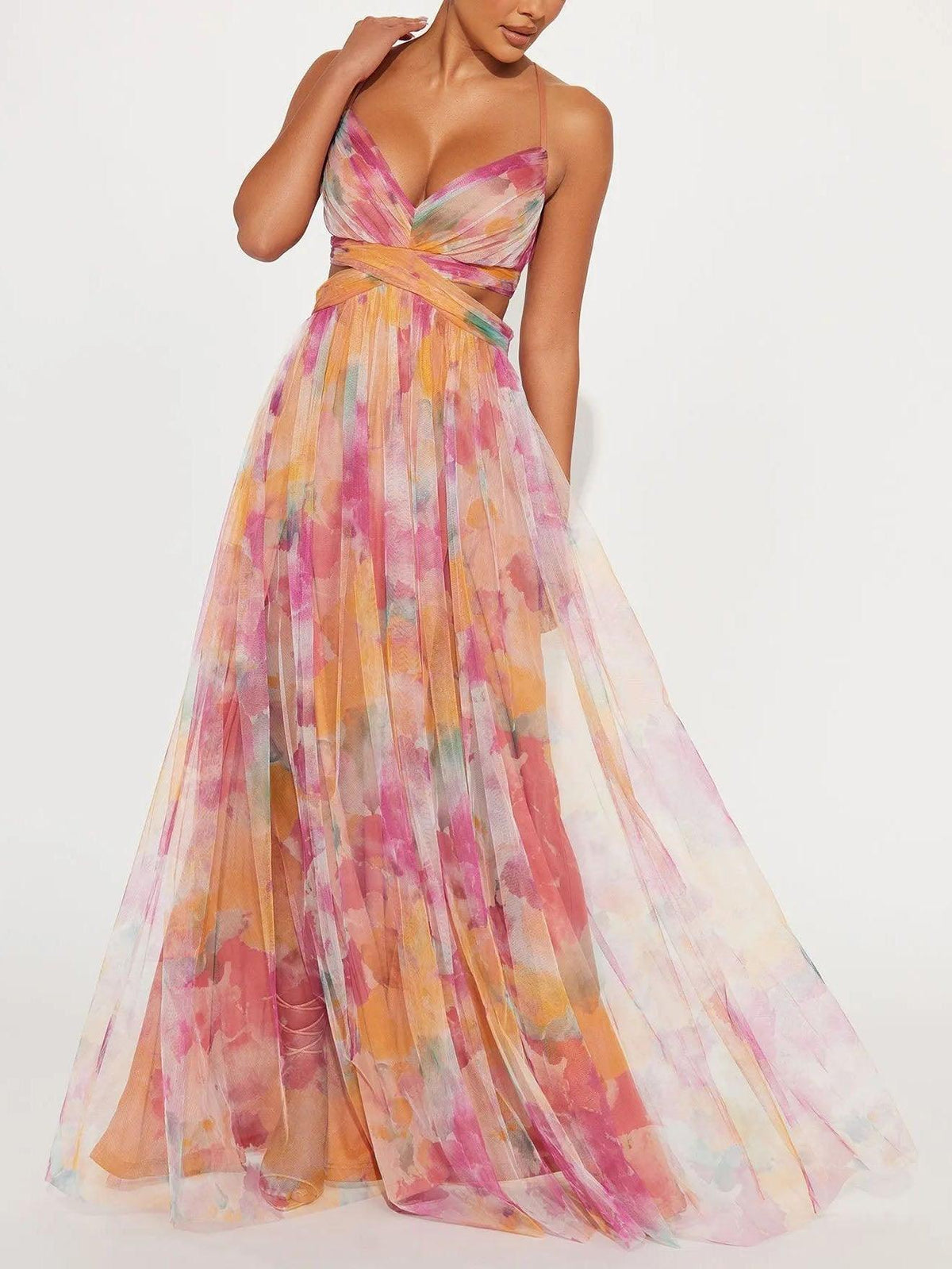 Abito Maxi A-Line V-Neck con Stampa Floreale Elegante