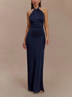 Abito Maxi Slinky Halter - Blu Navy