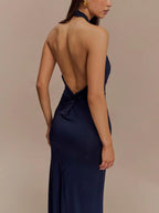 Abito Maxi Slinky Halter - Blu Navy
