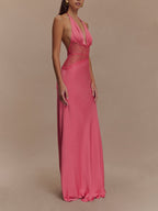 Abito maxi in seta satinata Deep V con scollo all'americana