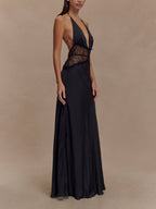 Abito maxi in seta satinata Deep V con scollo all'americana