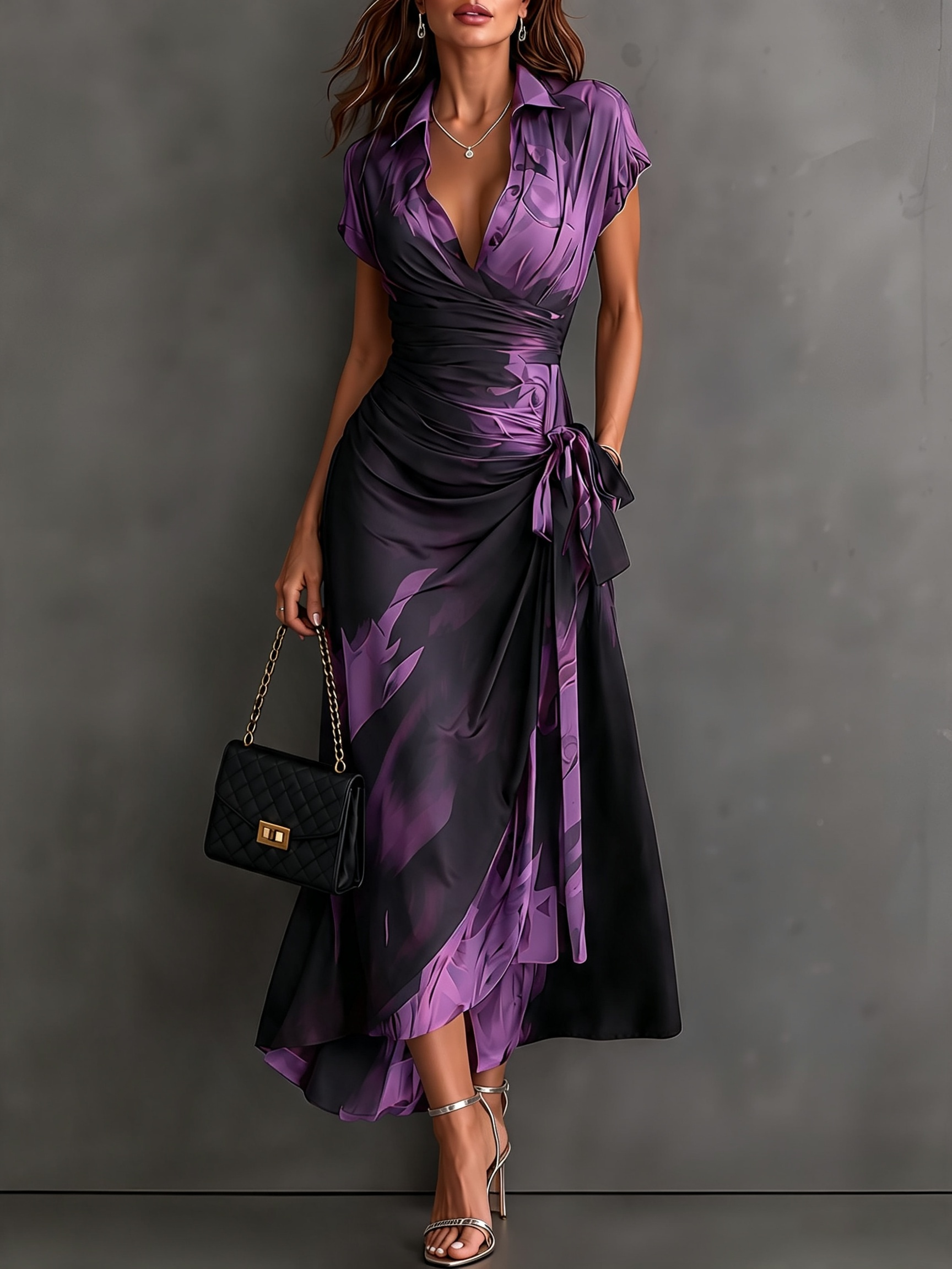 Rosanna | Vestito midi incrociato con stampa astratta, scollo a V, manica corta, cintura e orlo asimmetrico con volant.