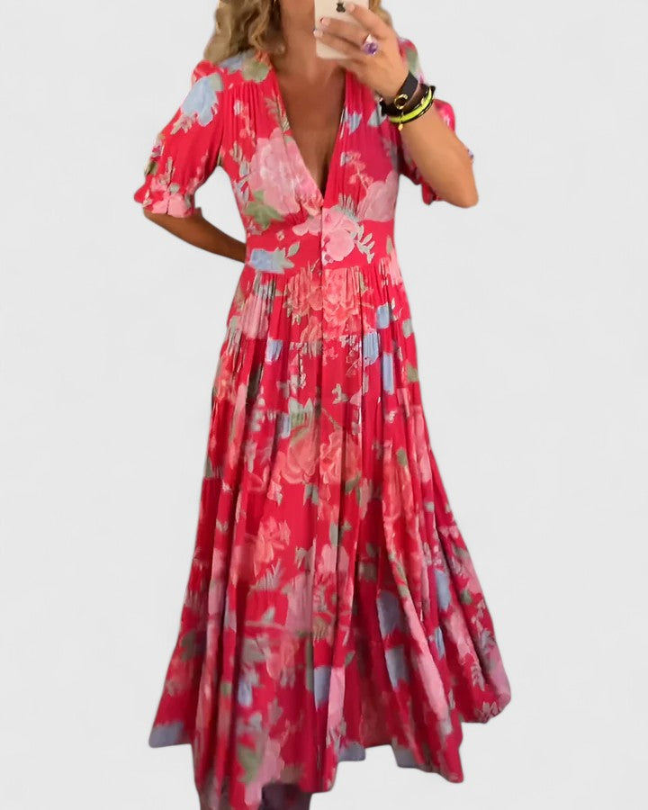 Minelda | Abito Elegante con Scollatura a V e Fantasia Floreale